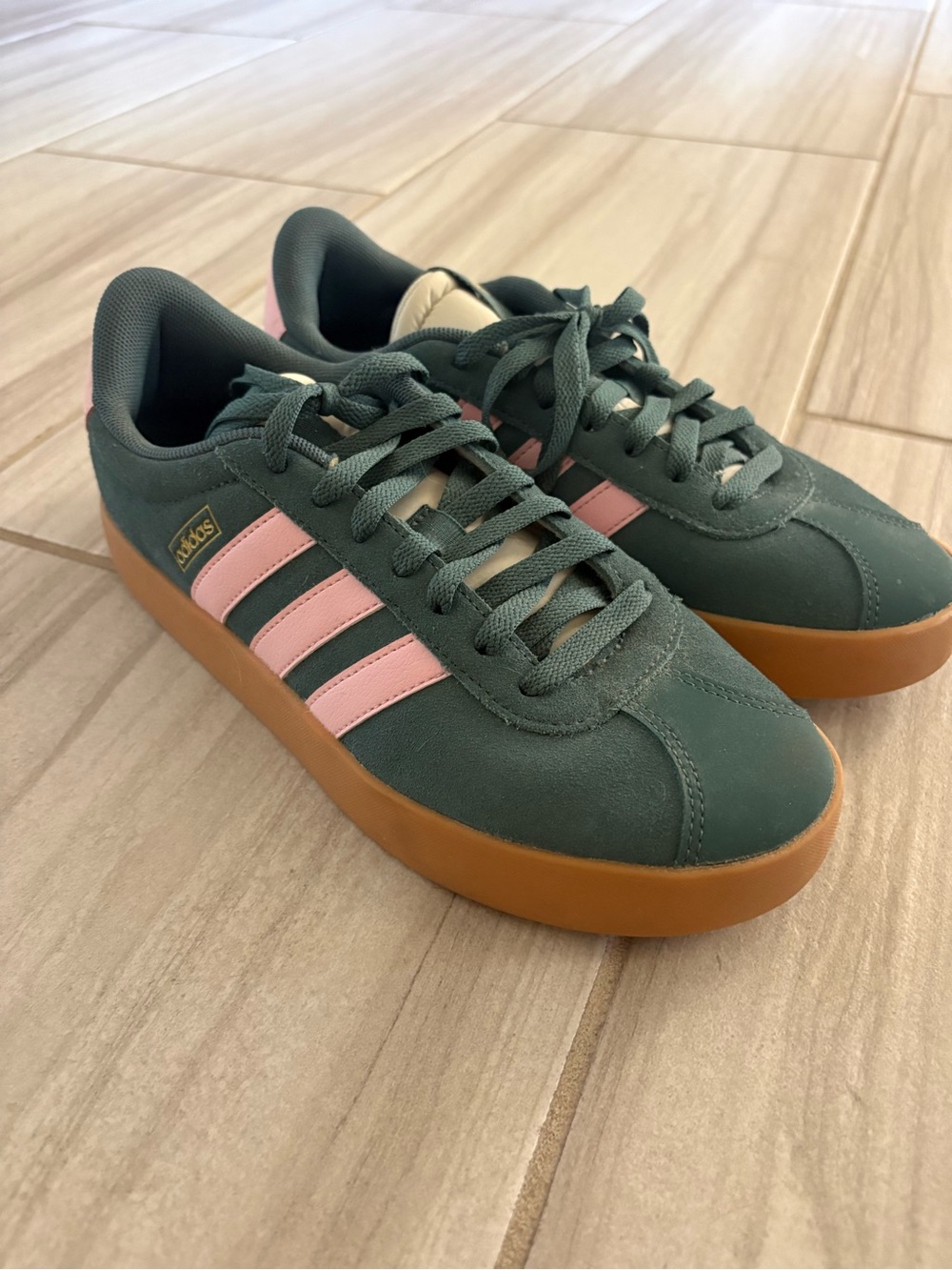 Adidas Women’s Green Suede Sneakers with Pink Stripes